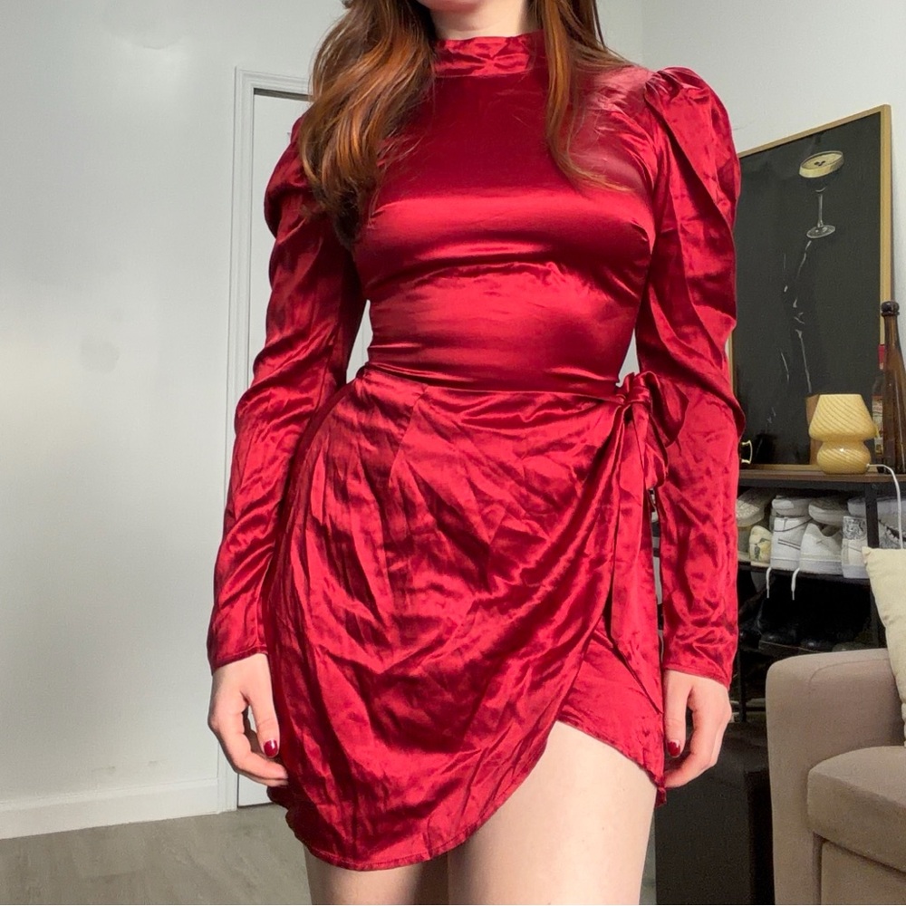 Reformation Red Silk Long Sleeve Dress